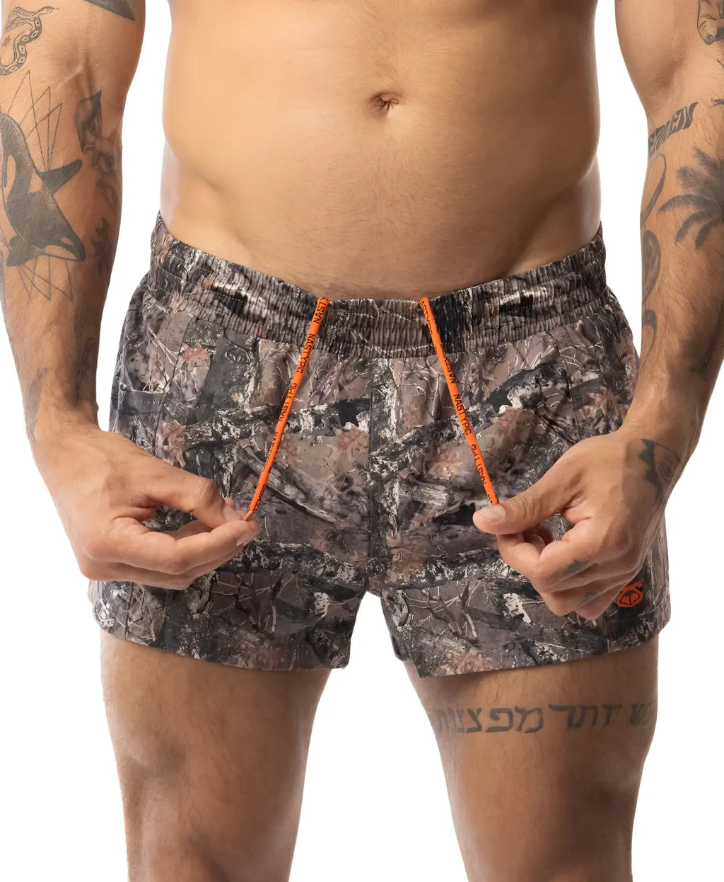 Core swim trunk timber camouflage patterned swim trunks with bright orange drawstrings for active beachwear