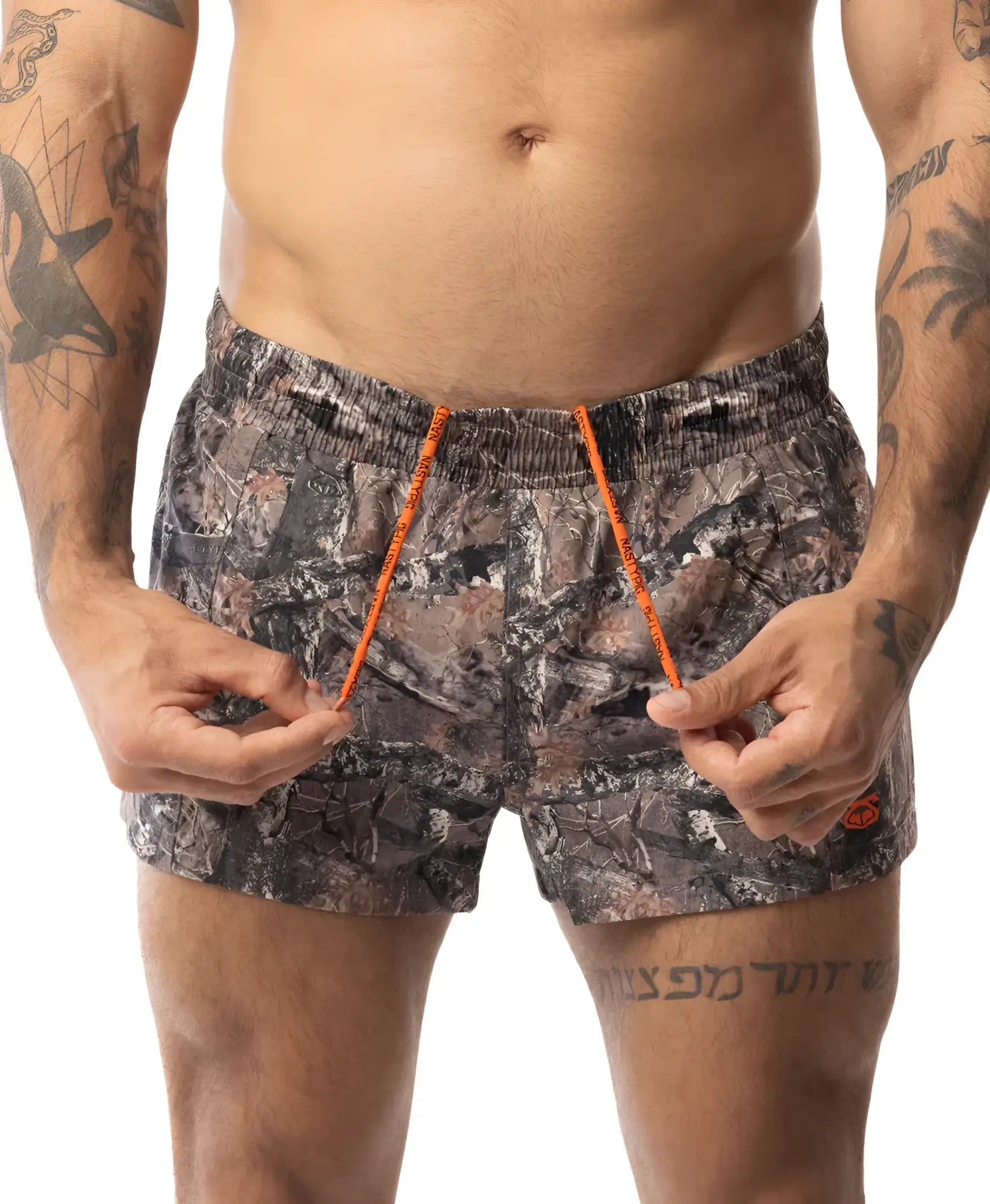 Core swim trunk timber camouflage patterned swim trunks with bright orange drawstrings for active beachwear