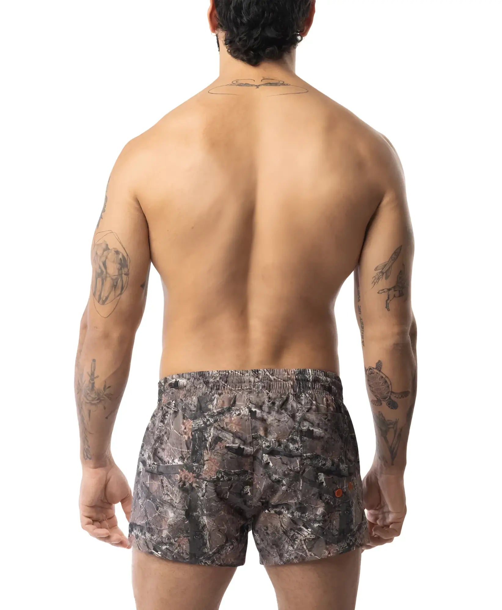 Men’s core swim trunk timber in camouflage pattern with dark gray brown and muted green tones for casual swimwear