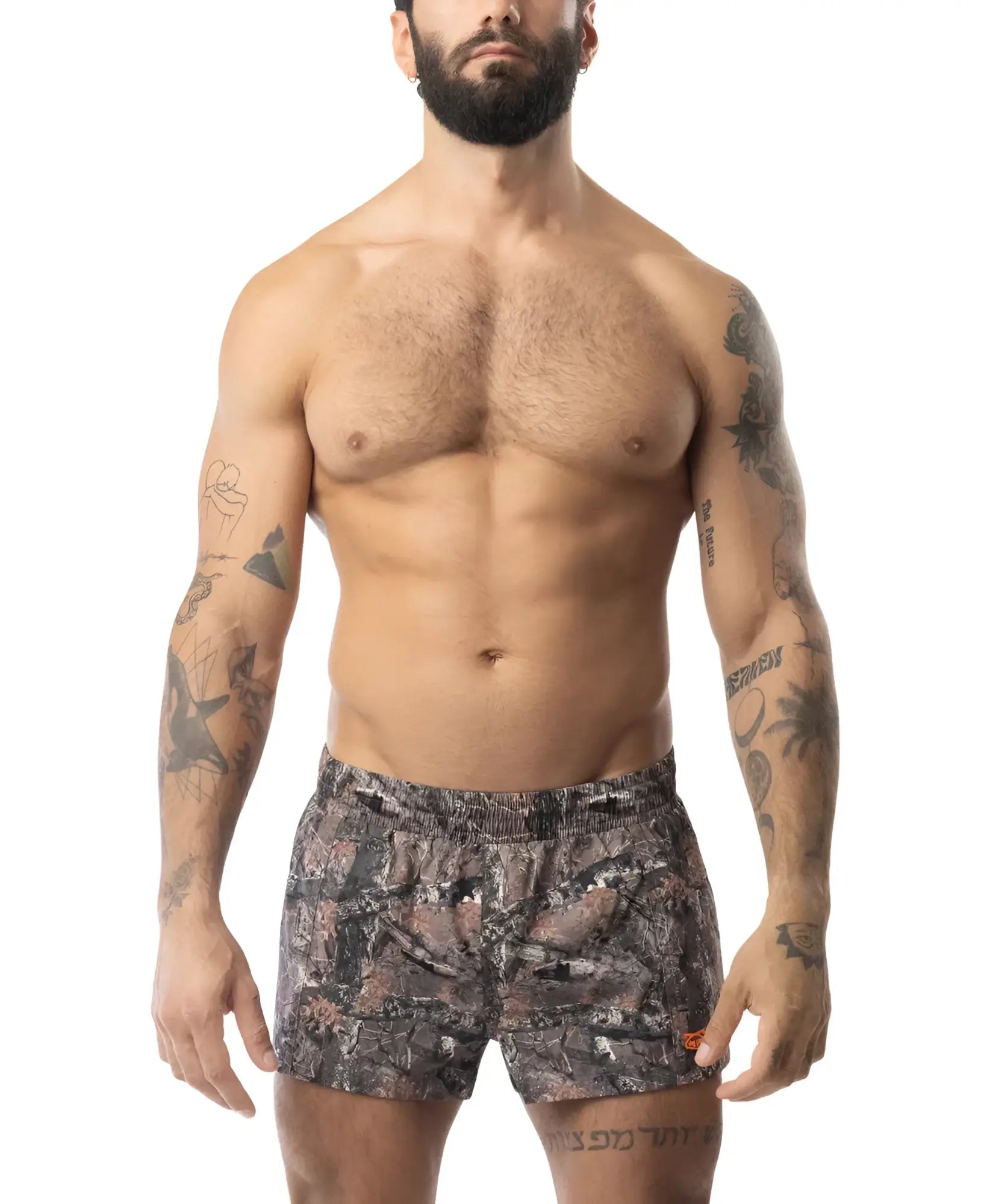 Men’s core swim trunk timber camouflage shorts in earthy tones with subtle orange accents for outdoor use