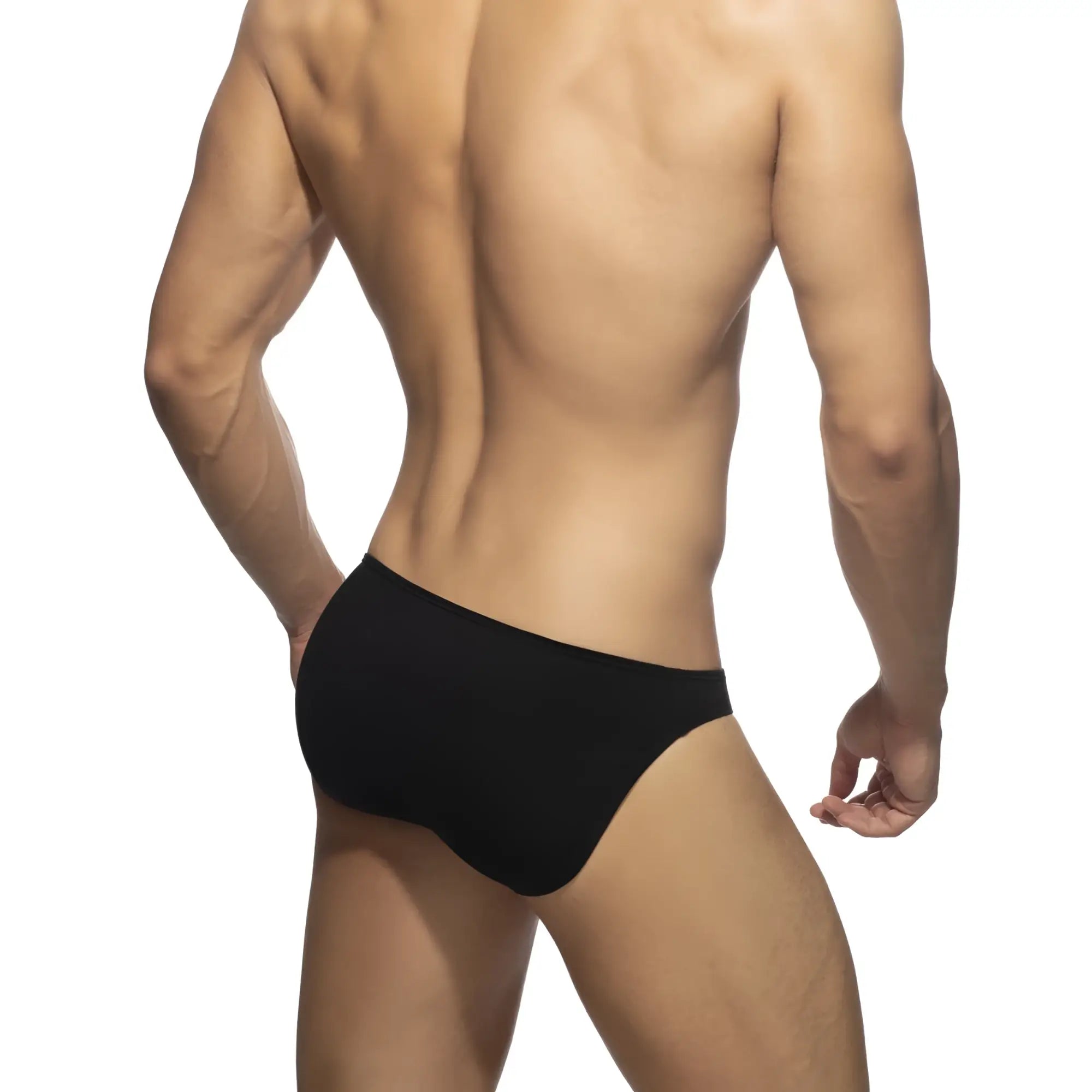 Black cotton bikini brief with smooth, form-fitting design showing the front side of the underwear