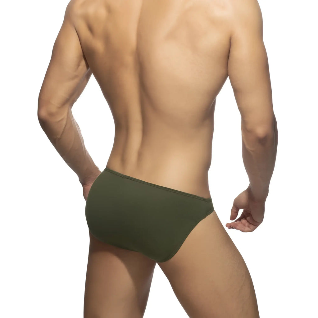 Olive green cotton bikini brief showing the back side with soft breathable fabric for everyday comfort