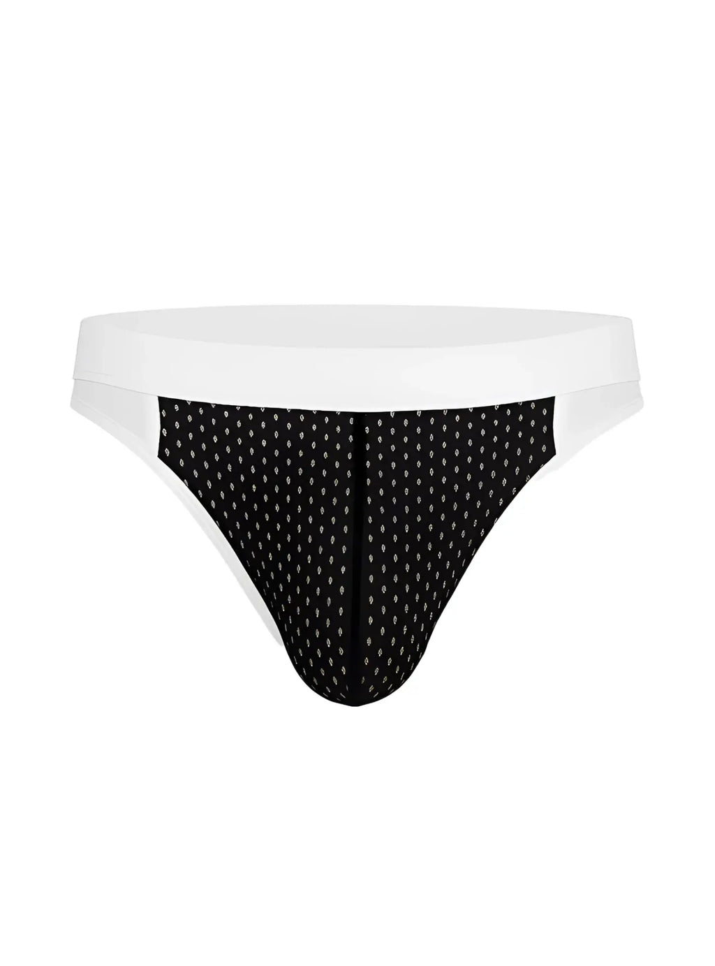 Cotton stretch bikini briefs in black and white pattern with a solid white waistband for comfortable wear