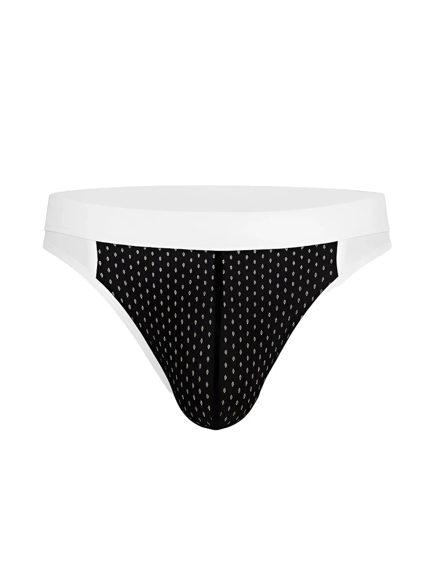 Cotton stretch bikini briefs in black and white pattern with a solid white waistband for comfortable wear