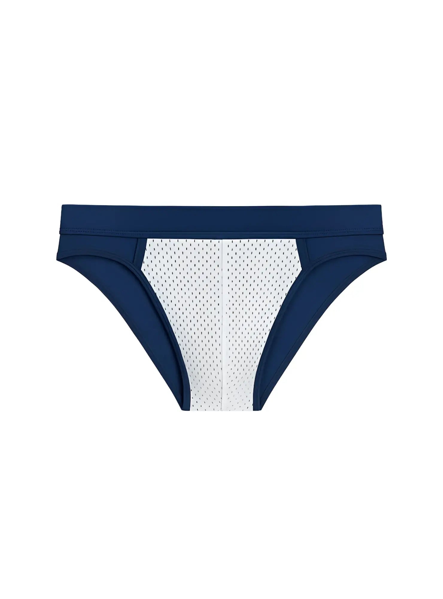 Navy blue and white cotton stretch bikini briefs with breathable mesh and supportive design for athletic use