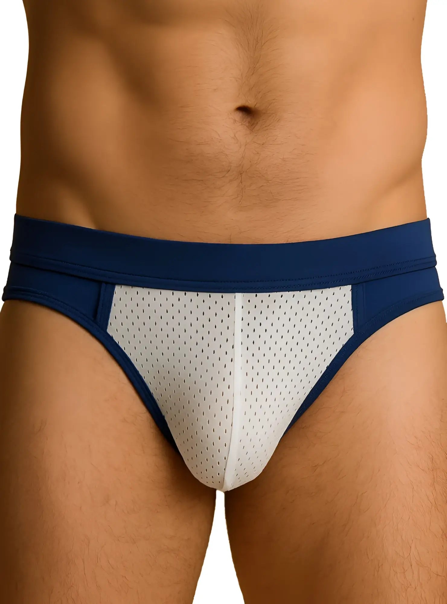 Navy blue and white cotton stretch bikini briefs with mesh fabric and a solid waistband for comfortable wear