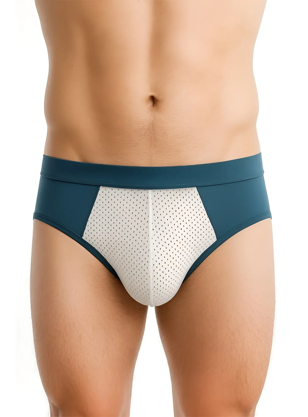 Teal and white cotton stretch brief with breathable mesh and sleek athletic design front view