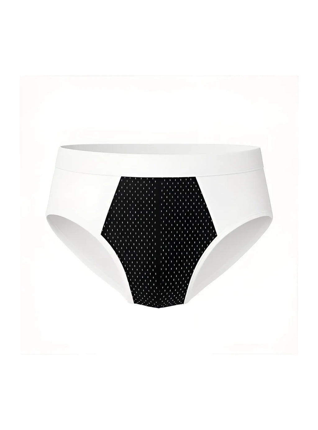 Cotton stretch brief in white with a black hexagonal panel featuring small white dots front view