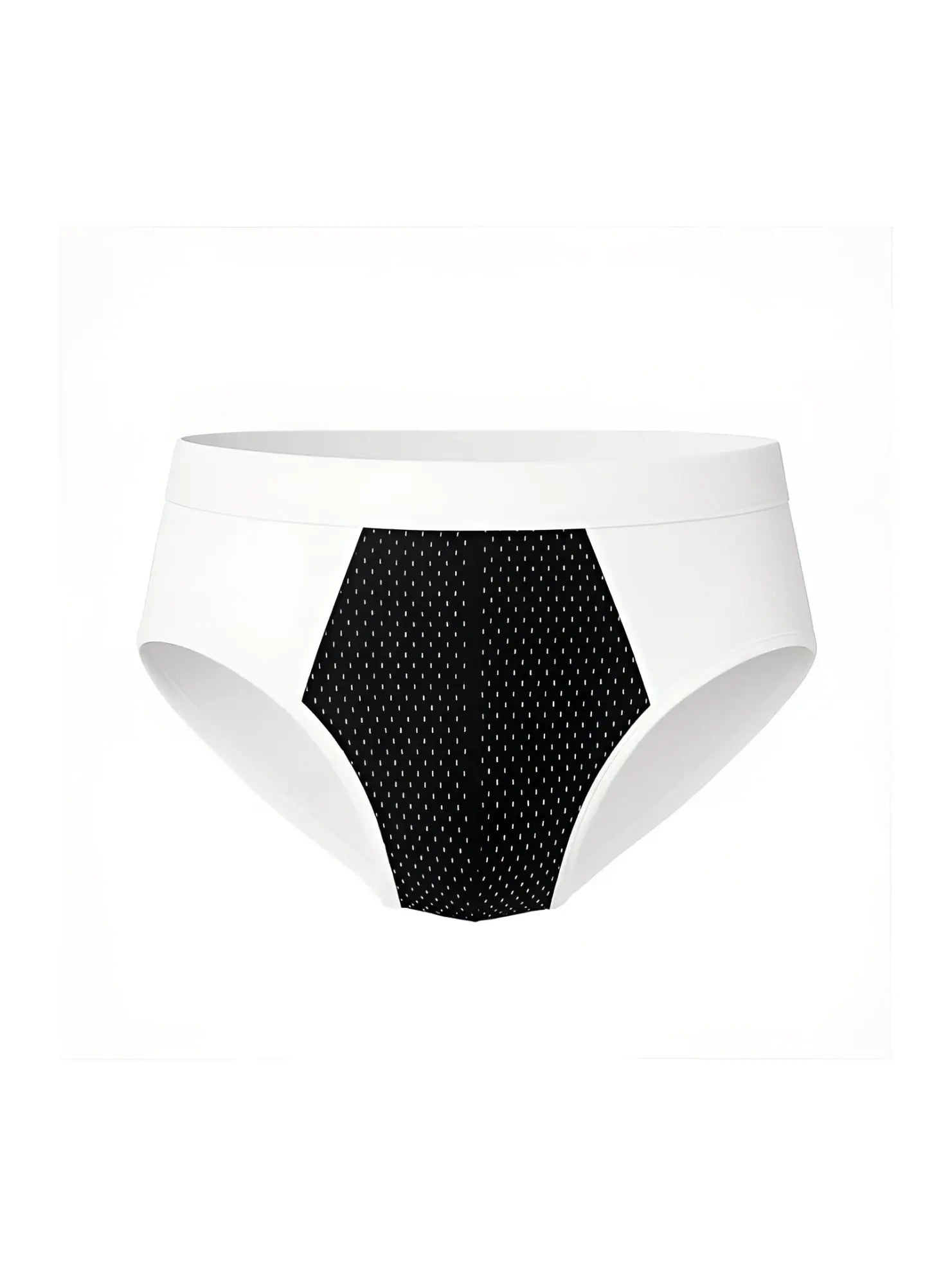 Cotton stretch brief in white with a black hexagonal panel featuring small white dots front view