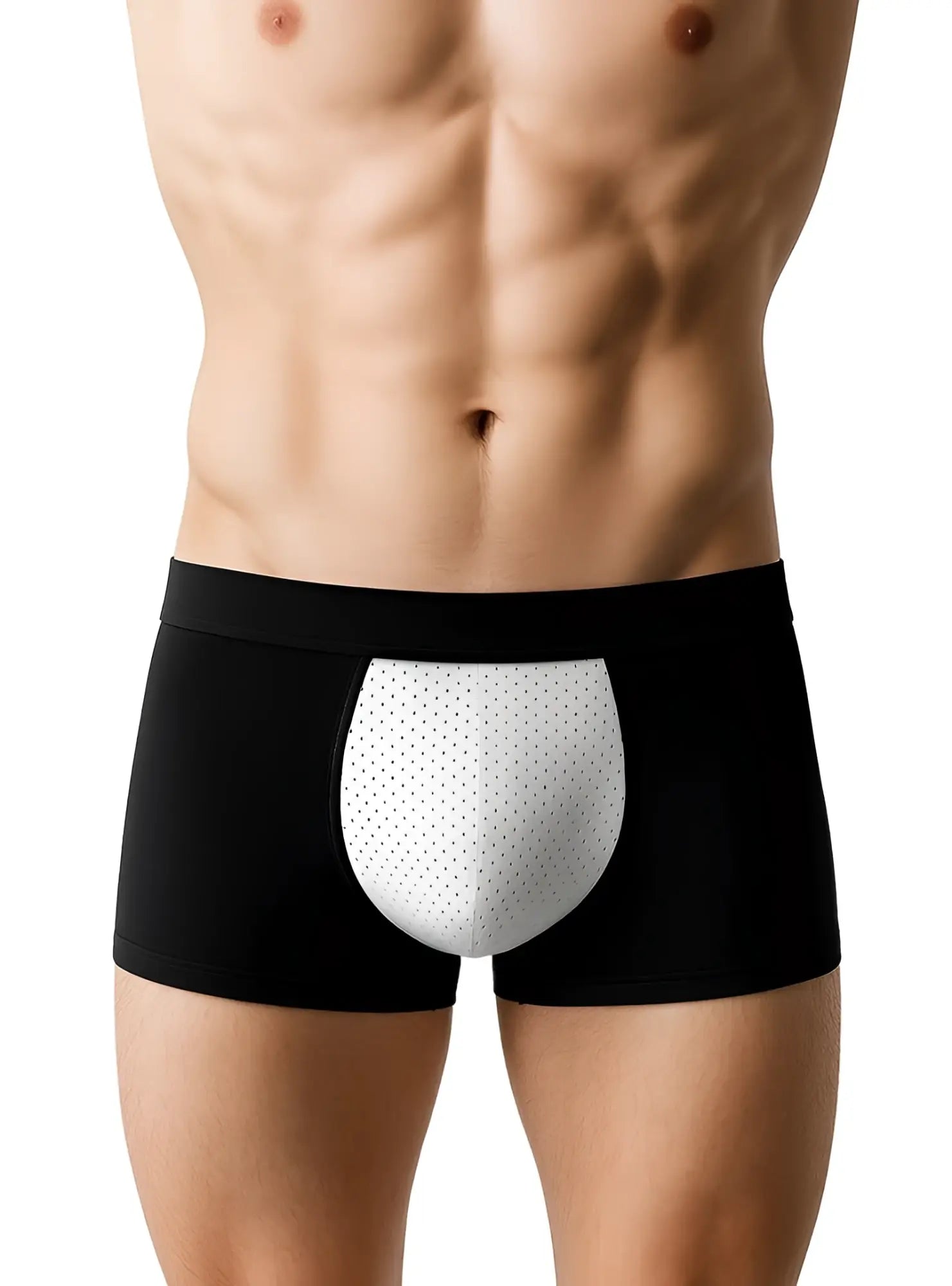 Black cotton stretch trunk boxer briefs with a white perforated front panel for breathable comfort