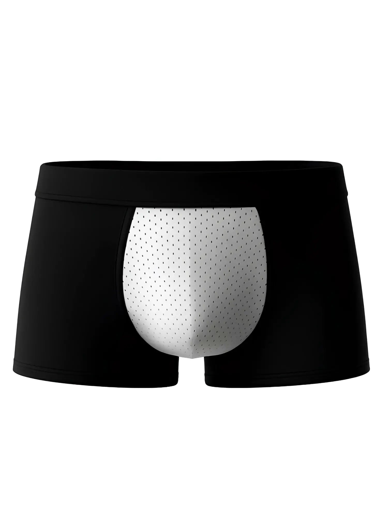 Black men’s cotton stretch trunk boxer briefs with white perforated mesh panel on the front