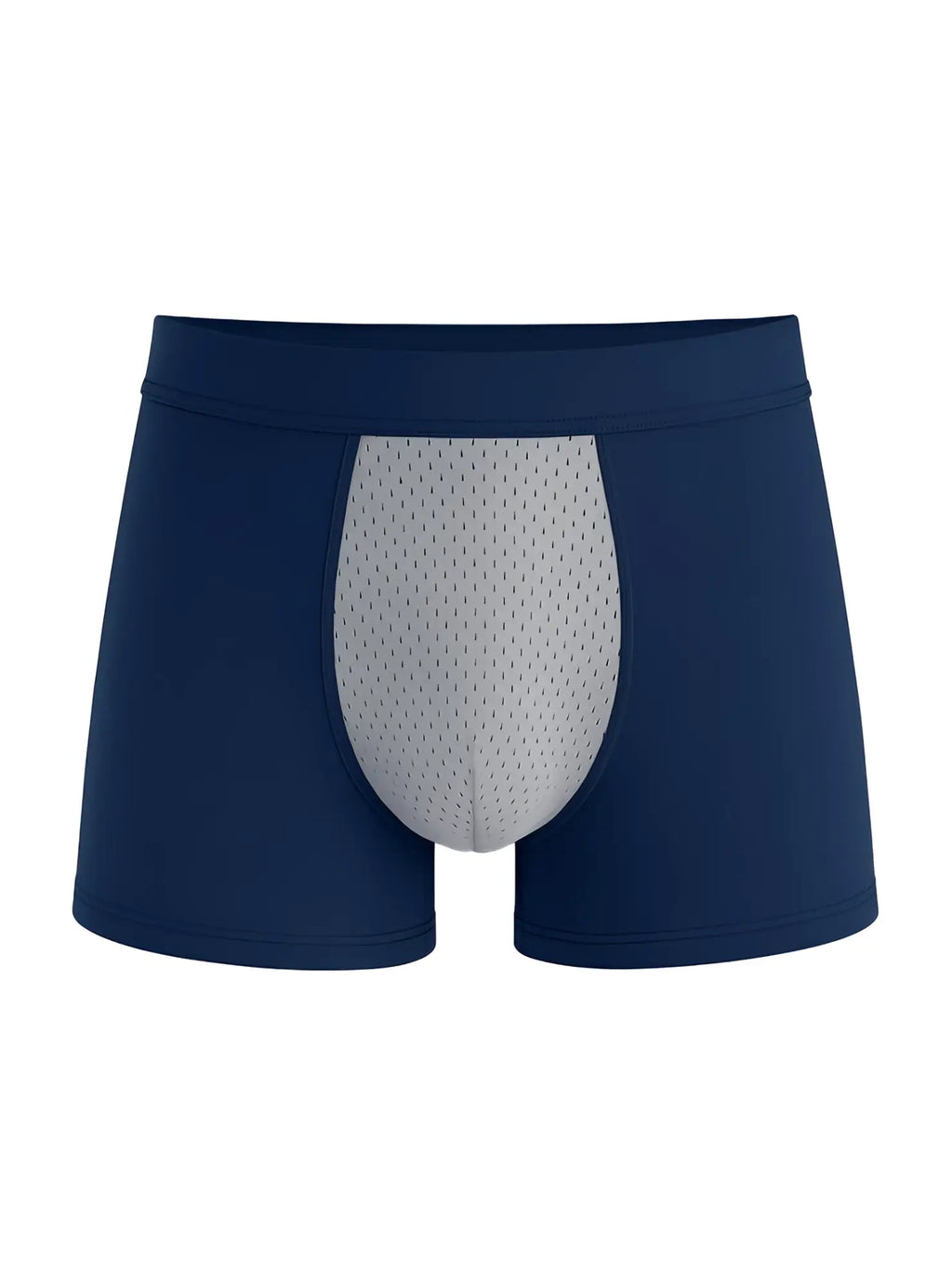 Navy blue cotton stretch trunk boxer briefs with a gray breathable mesh panel on the front for comfort