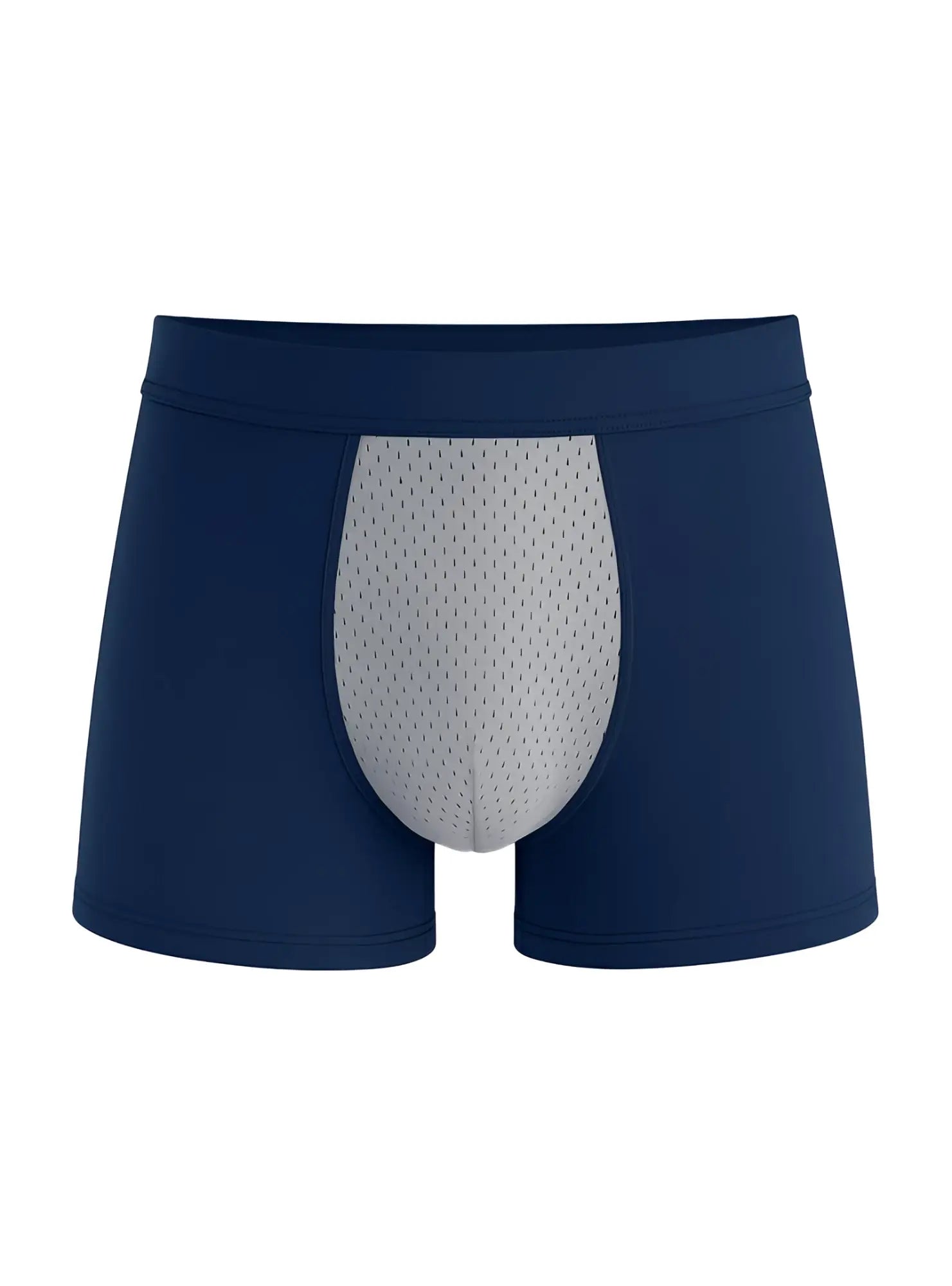 Navy blue cotton stretch trunk boxer briefs with a gray breathable mesh panel on the front for comfort