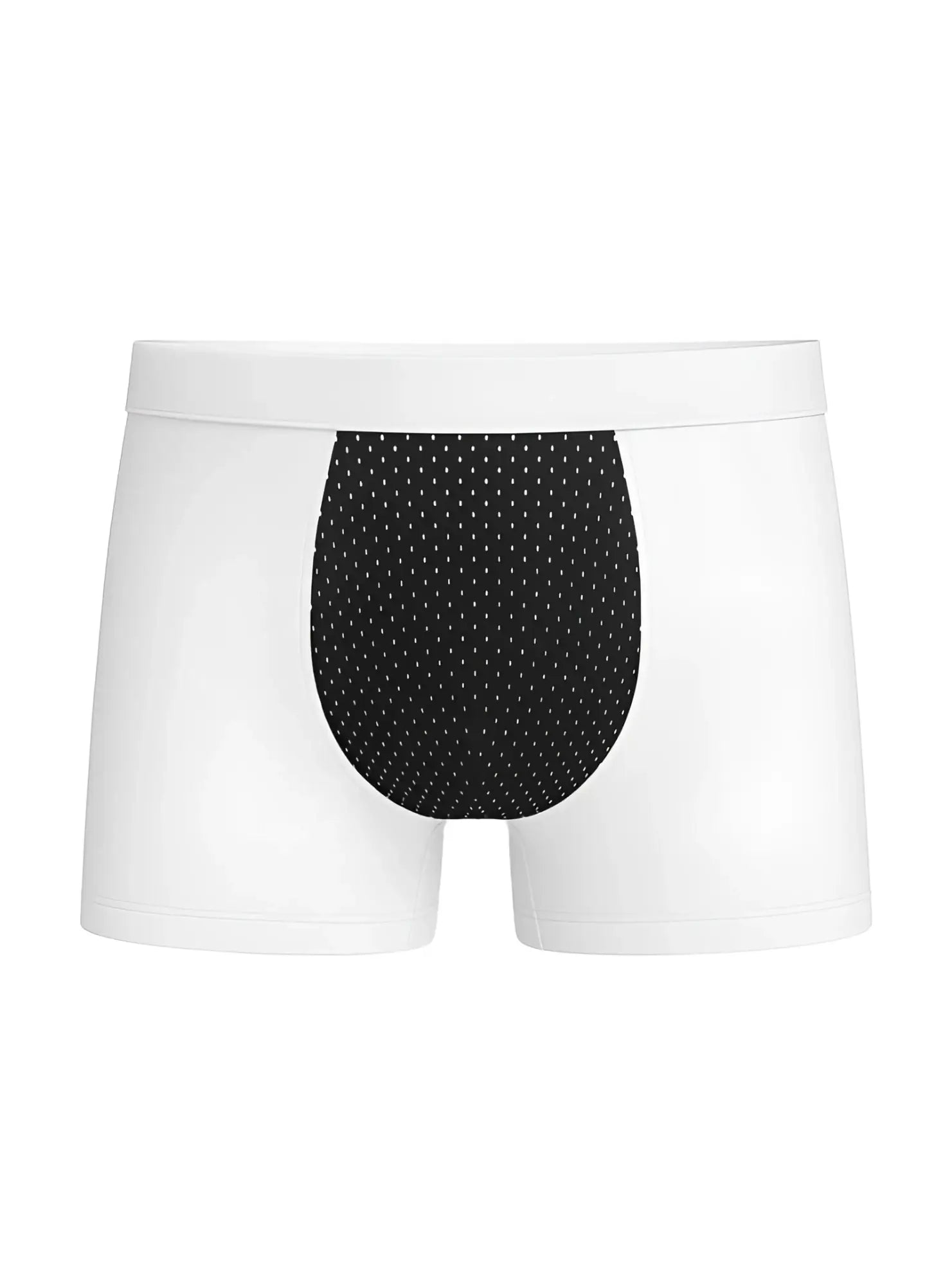 White cotton stretch trunk briefs with black mesh panel and small white dots front view
