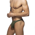 Cotton thong olive green fabric briefs with black waistband and white addicted logo on the side