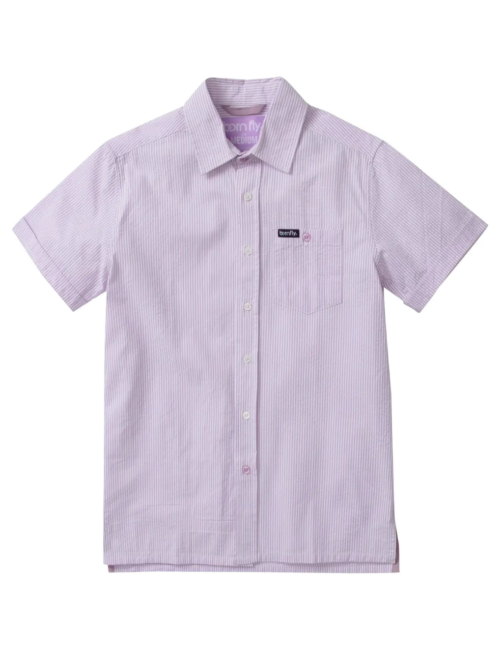 Country Club Fly seersucker shirt with lavender and white vertical stripes short sleeves button-up collar cotton blend