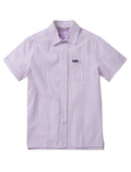 Country Club Fly seersucker shirt with lavender and white vertical stripes short sleeves button-up collar cotton blend