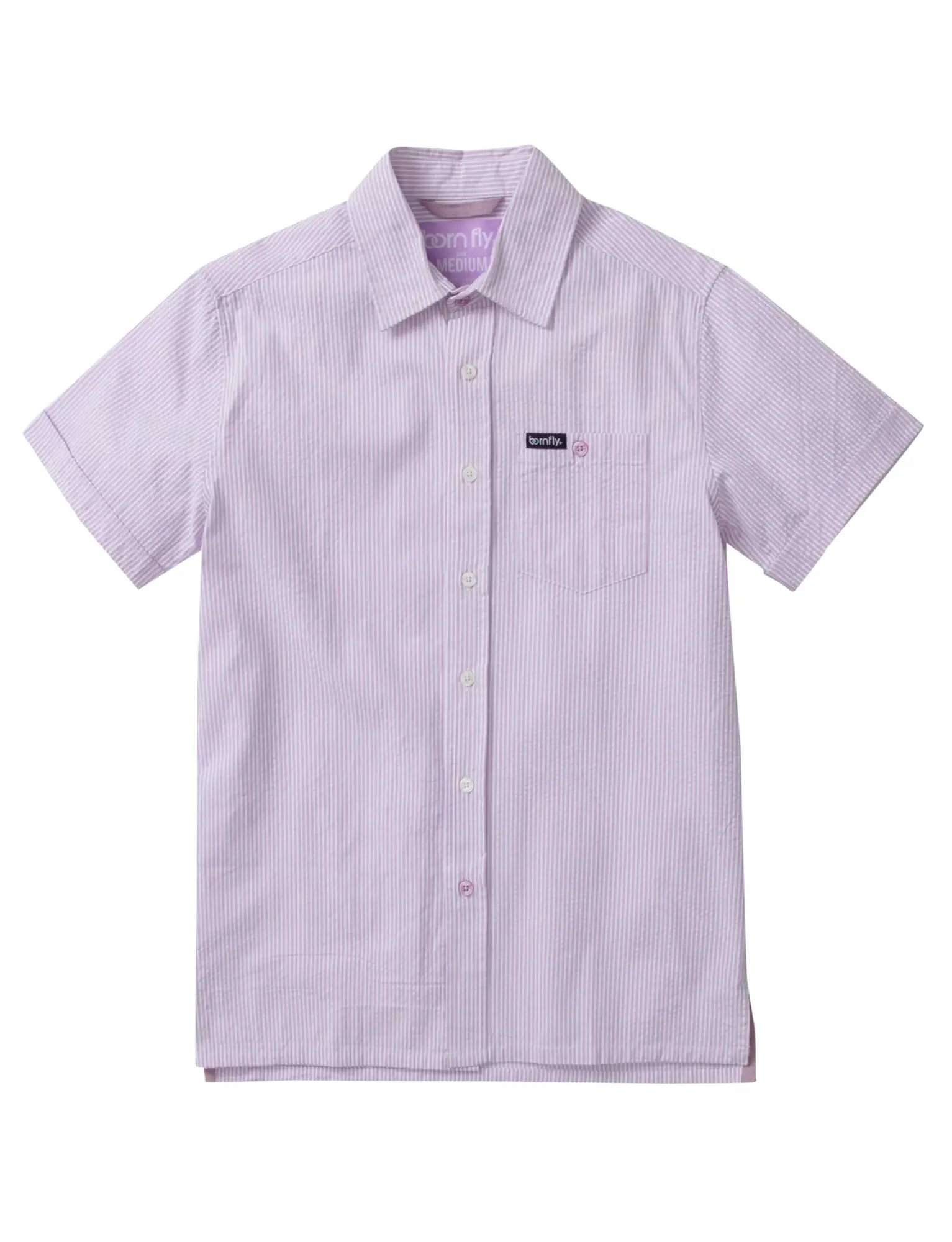 Country Club Fly seersucker shirt with lavender and white vertical stripes short sleeves button-up collar cotton blend