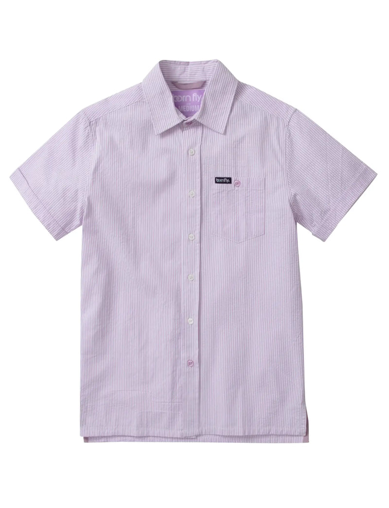 Country Club Fly seersucker shirt with lavender and white vertical stripes short sleeves button-up collar cotton blend
