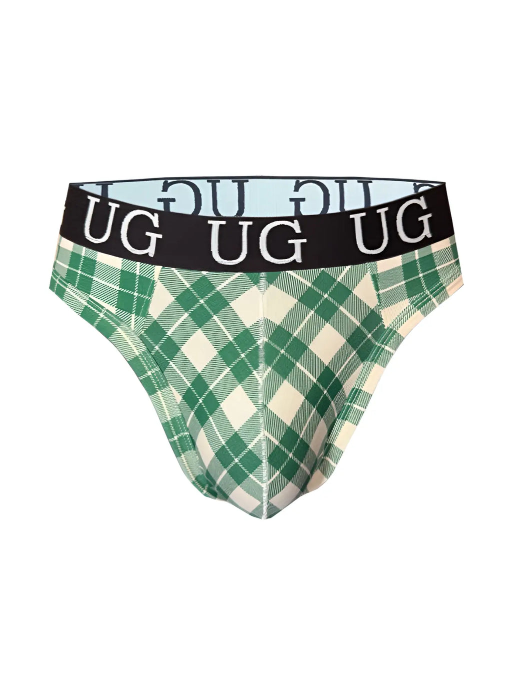 Green and cream plaid ug underwear thong with black waistband and white ug lettering for country style comfort