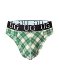 Green and cream plaid ug underwear thong with black waistband and white ug lettering for country style comfort