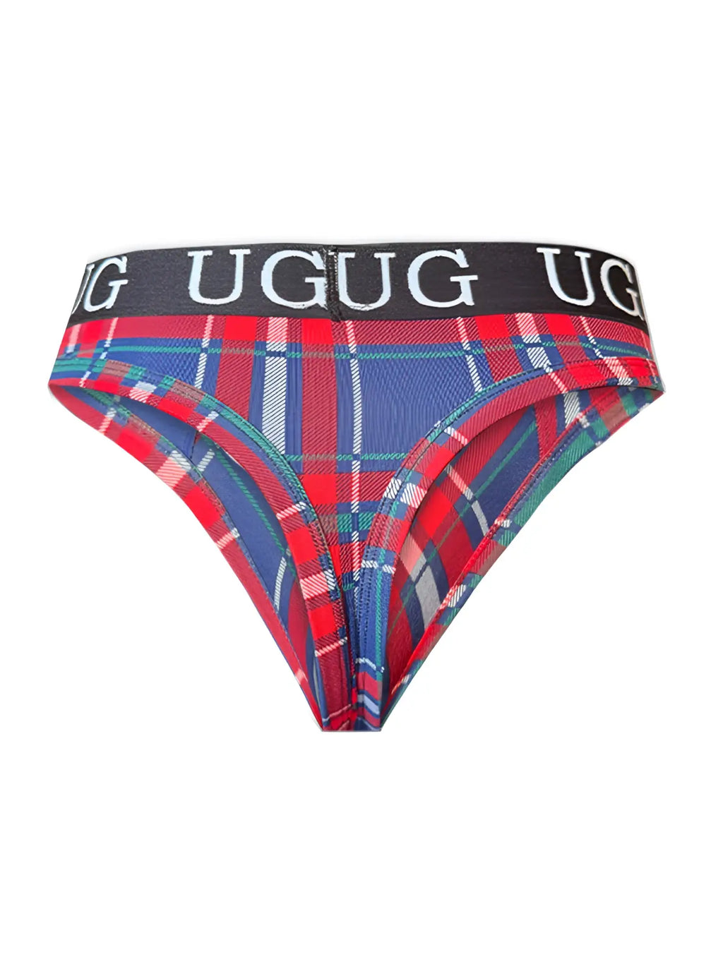 Country Style Plaids Comfort Thong with red blue green plaid pattern and black waistband with ugug white lettering