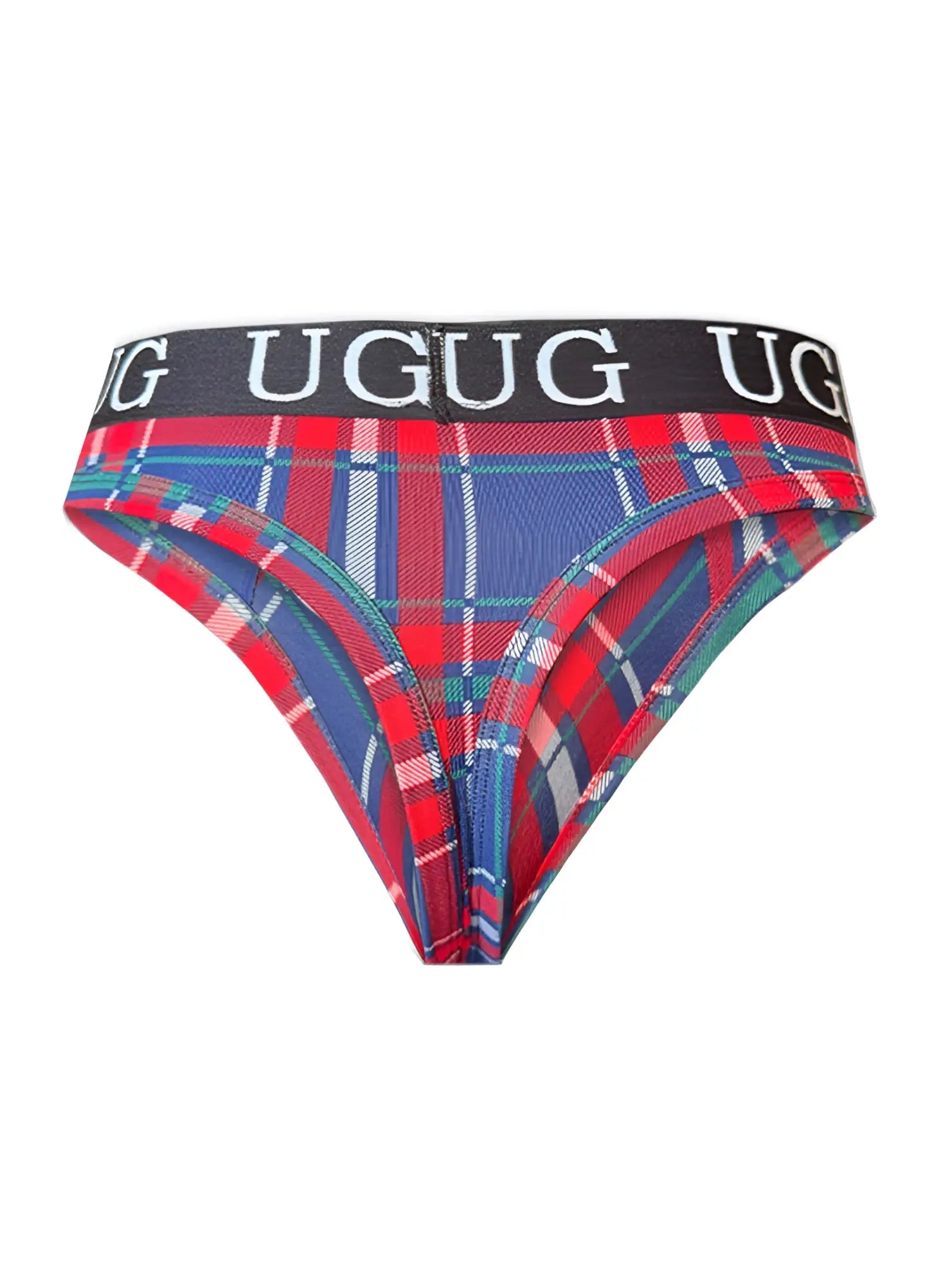 Country Style Plaids Comfort Thong with red blue green plaid pattern and black waistband with ugug white lettering