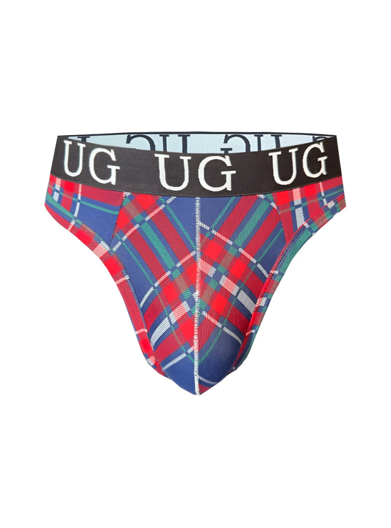 Country style plaids comfort thong in red blue and green plaid with black waistband and white ug lettering visible from front