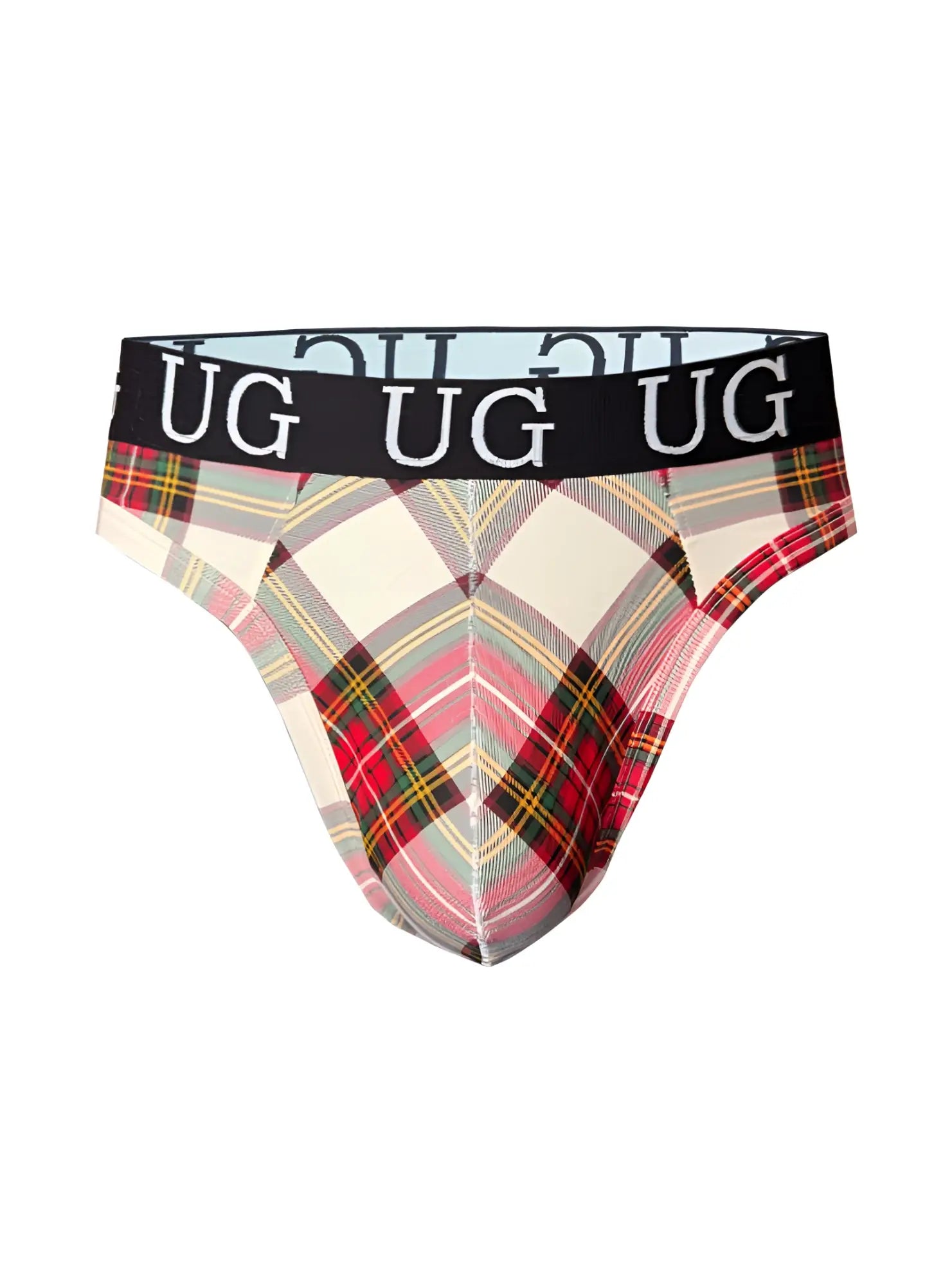 Country style plaids comfort thong underwear with red green and cream plaid pattern and black waistband with Ug logo