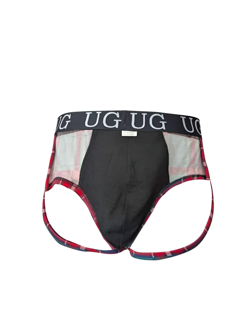 Black and red plaid patterned men’s briefs with branded waistband in country style plaids fit contour jockstrap design