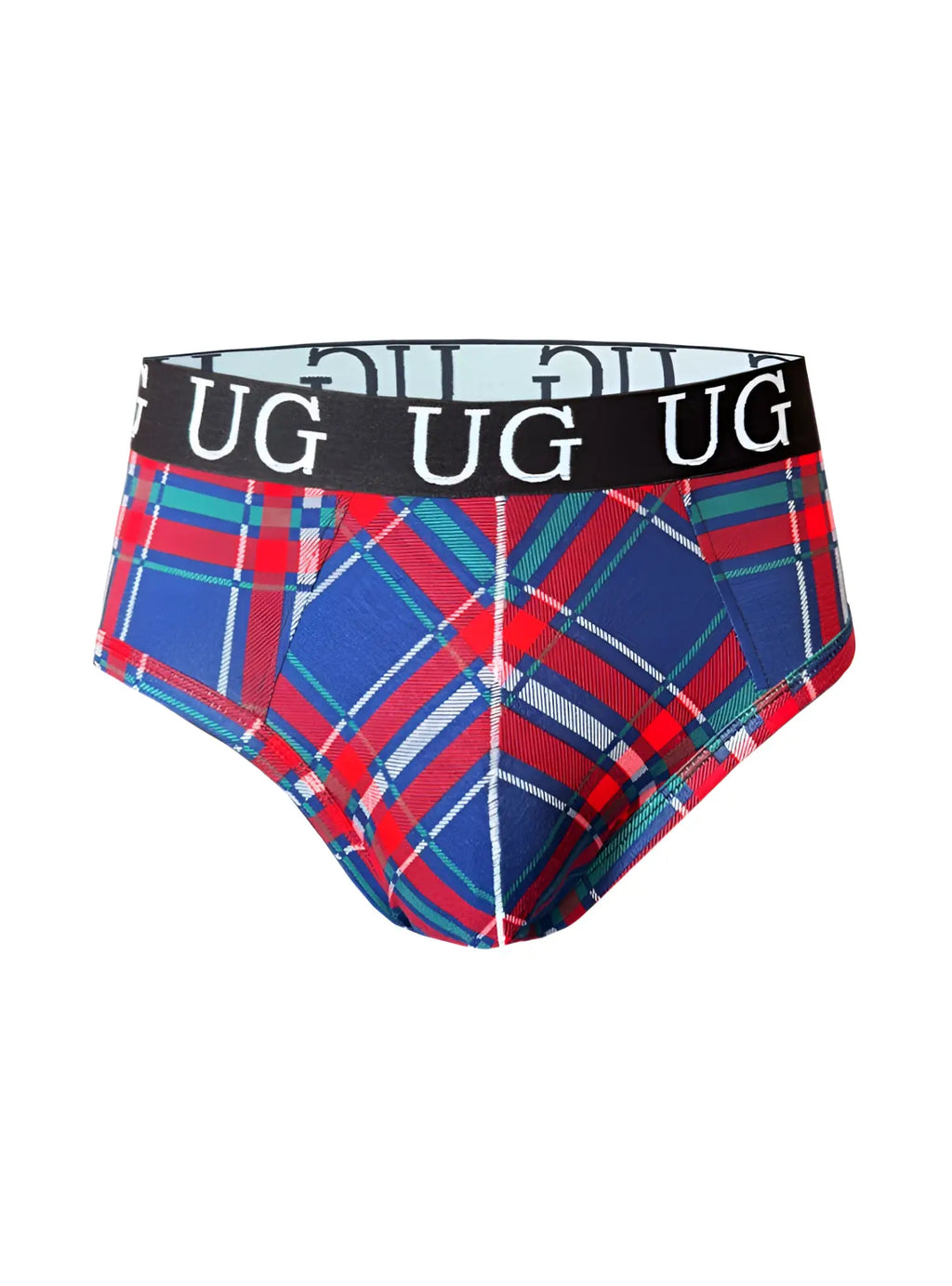 Country style plaids fit contour jockstrap in blue red and green plaid with black waistband and white ug lettering