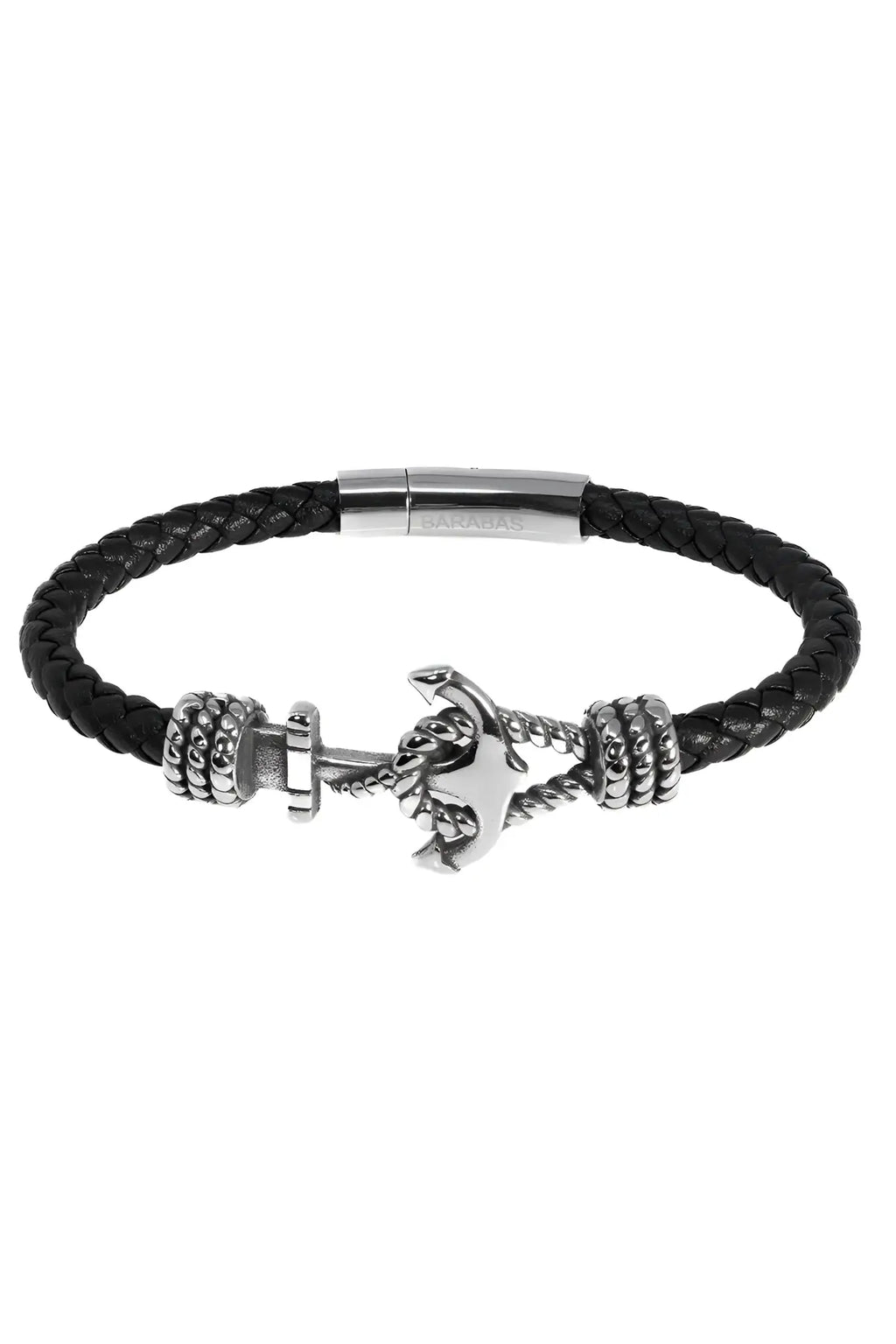 Black braided leather bracelet with silver anchor charm and textured metal beads from Courant Uproar collection