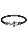 Black braided leather bracelet with silver anchor charm and textured metal beads from Courant Uproar collection