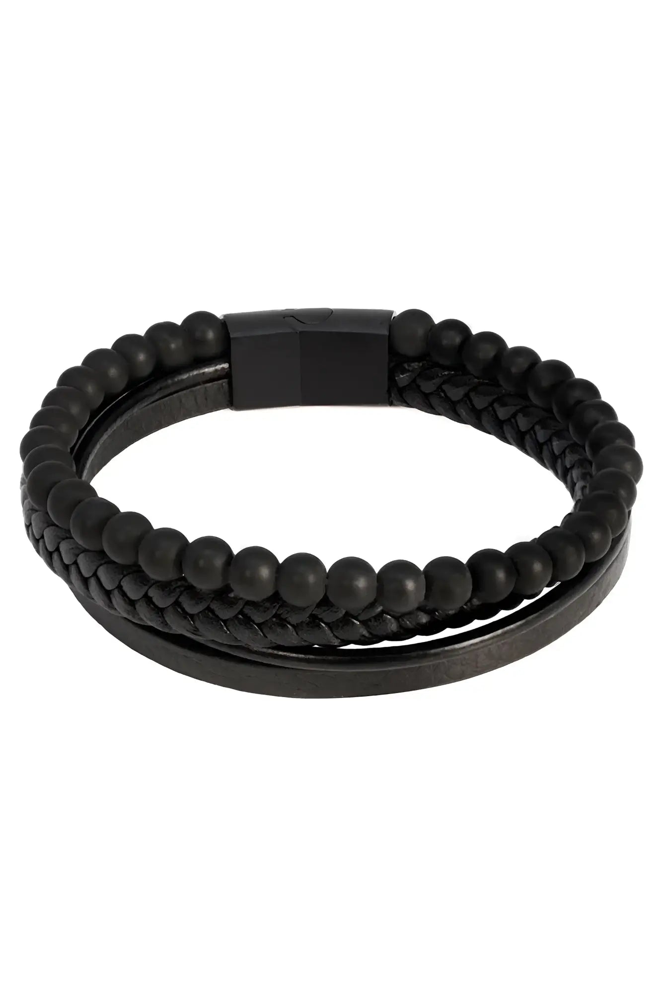 Black beaded leather courant wrinkle bracelet with sleek magnetic clasp for stylish everyday wear