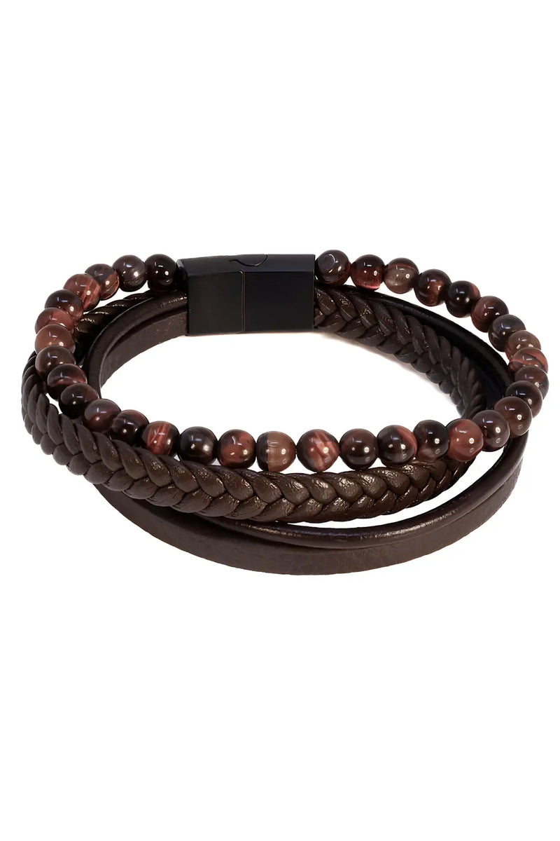 Courant wrinkle brown leather braided bracelet with tiger eye beads and black magnetic clasp for men and women