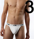 Cover male 3 pack cotton jock strap underwear white with gray waistband featuring repeating cm logos size s