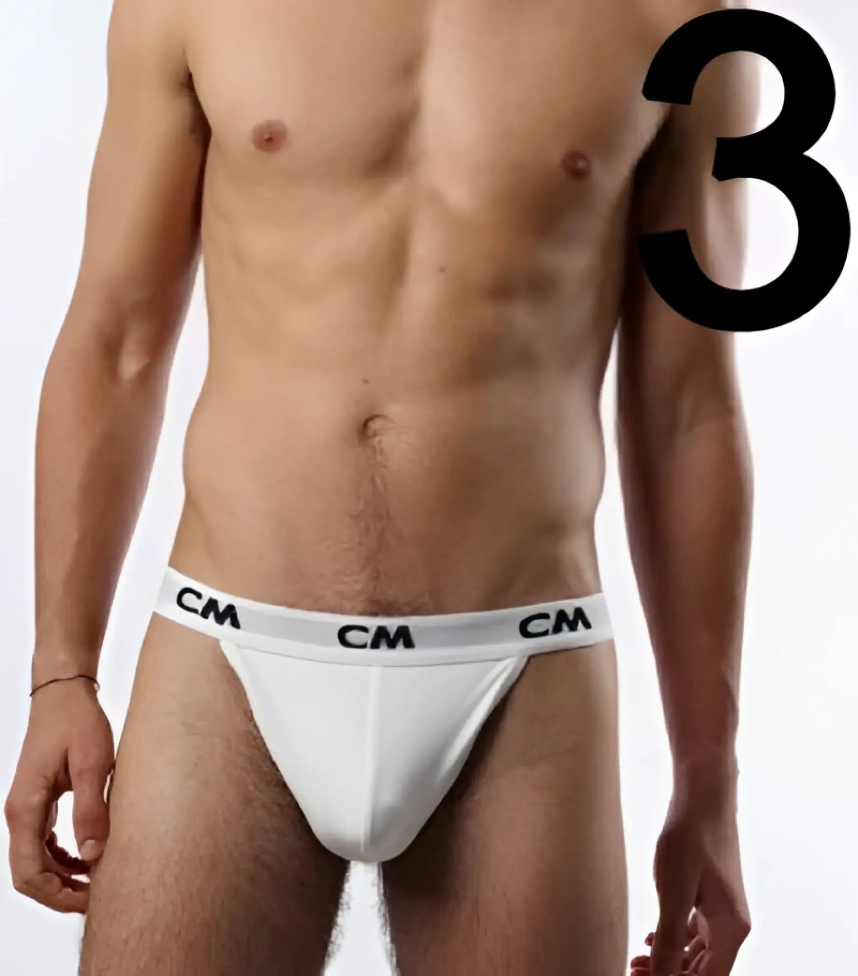 Cover male 3 pack cotton jock strap underwear white with gray waistband featuring repeating cm logos size s