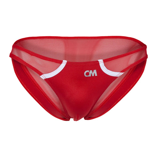 Cover male bikini for men in red mesh with white trim and cm logo on front for comfortable back cut style