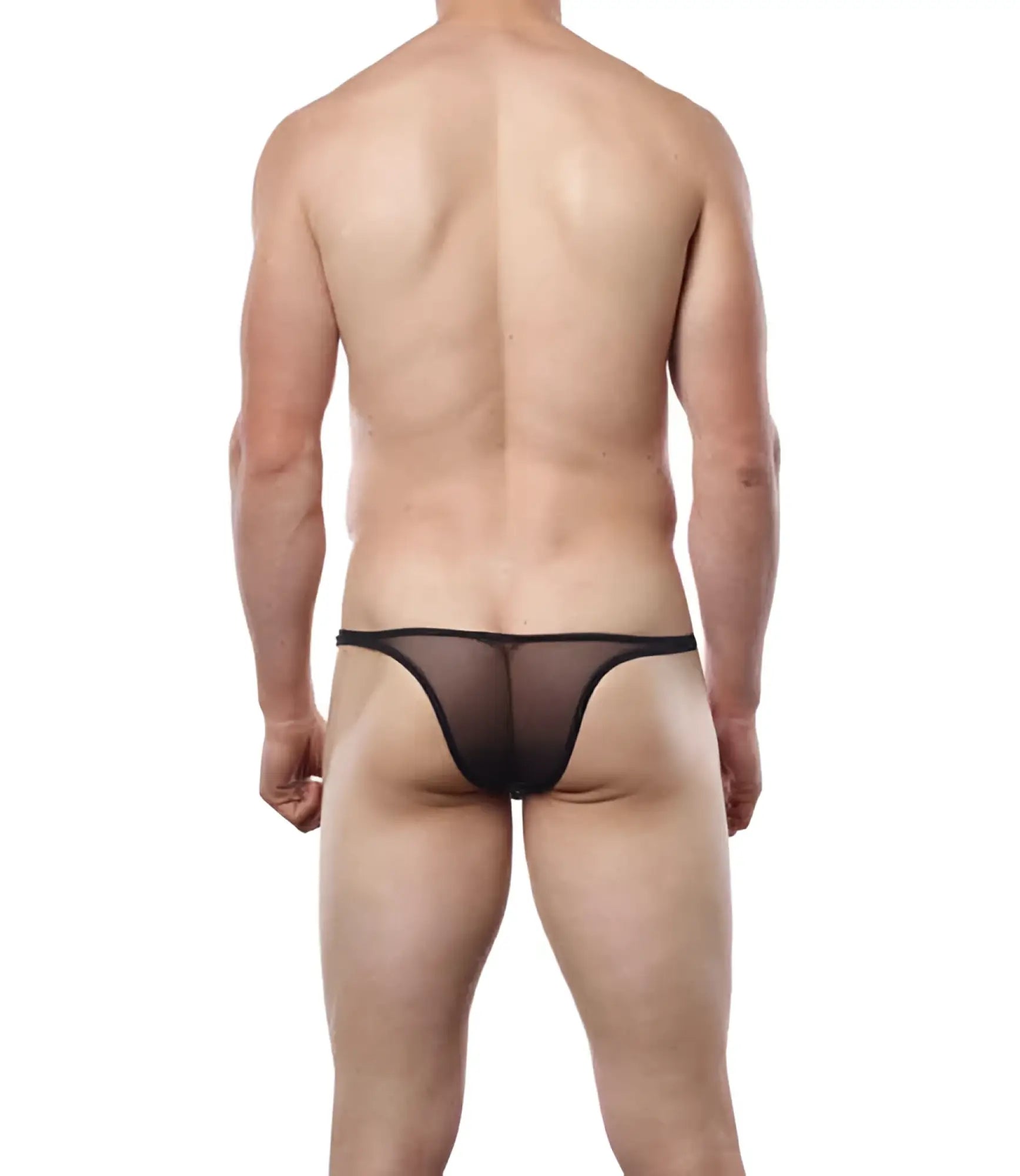Black sheer mesh cover male brazilian bikini thong underwear size m showing front side