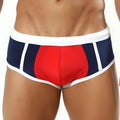 Cover male cm0706 swimwear navy blue and red swim trunks with white trim designed for beach and pool use