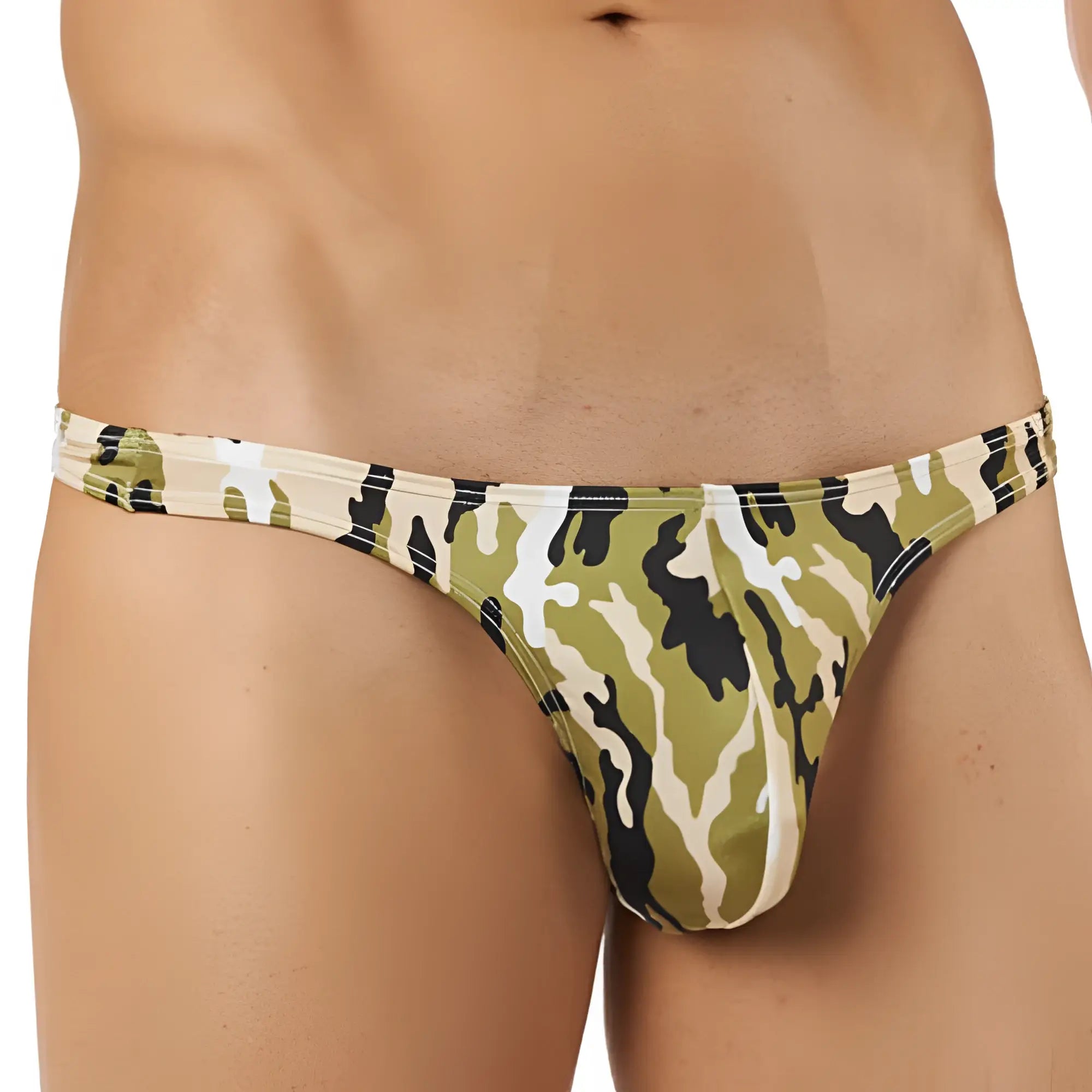Cover male cm103 thong featuring olive green black and beige camouflage pattern men’s triangle underwear front view
