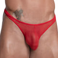 Cover male cm103 thong in red sheer mesh with a solid red waistband shown from the back side
