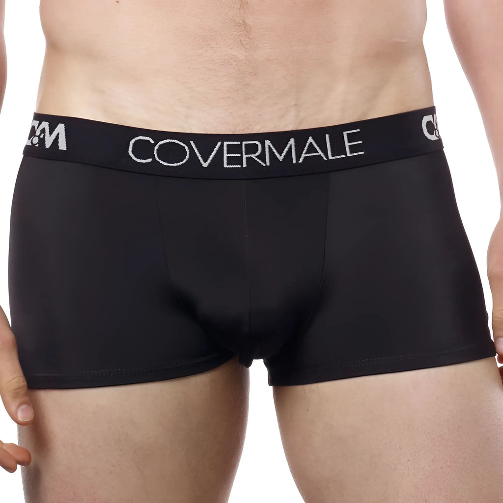 Black Cover Male CM104 boxer trunk briefs with sleek smooth fabric and white logo trim along the waistband