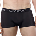 Black Cover Male CM104 boxer trunk briefs with sleek smooth fabric and white logo trim along the waistband