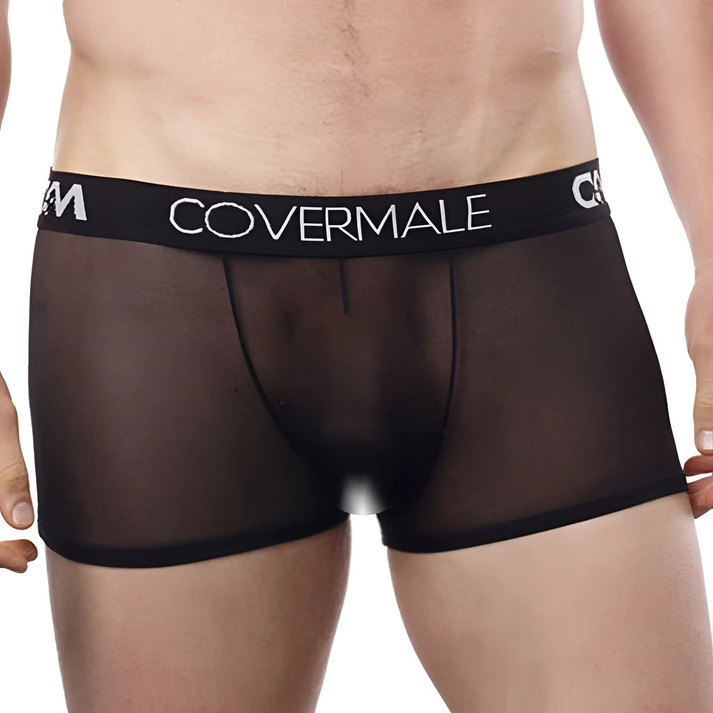 Black sheer cover male cm104 boxer trunk briefs with black elastic waistband and white brand lettering