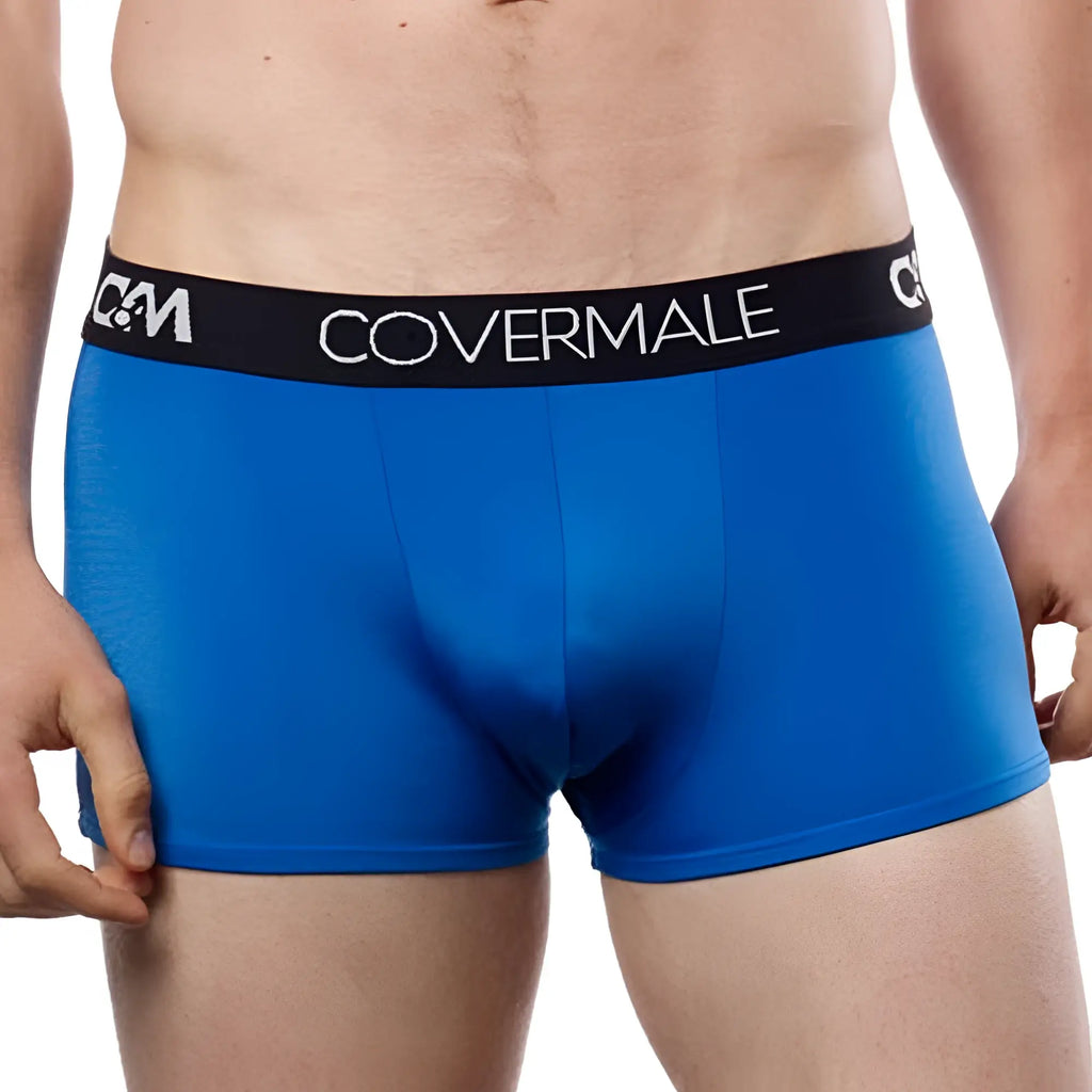 Blue cover male cm104 boxer trunk briefs with black waistband and white branding for comfortable daily wear