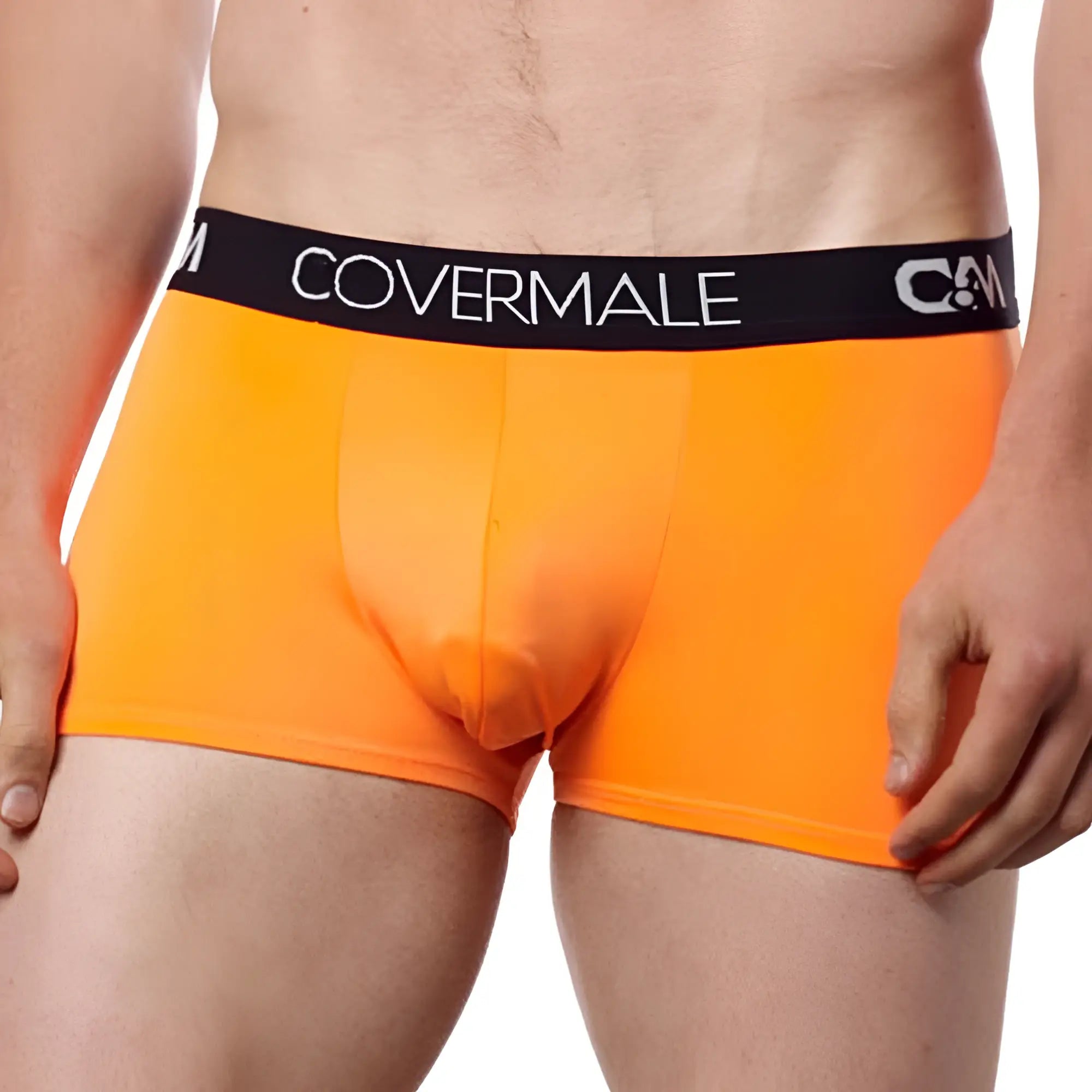Bright orange cover male cm104 boxer trunk with black waistband featuring logo for comfortable everyday wear
