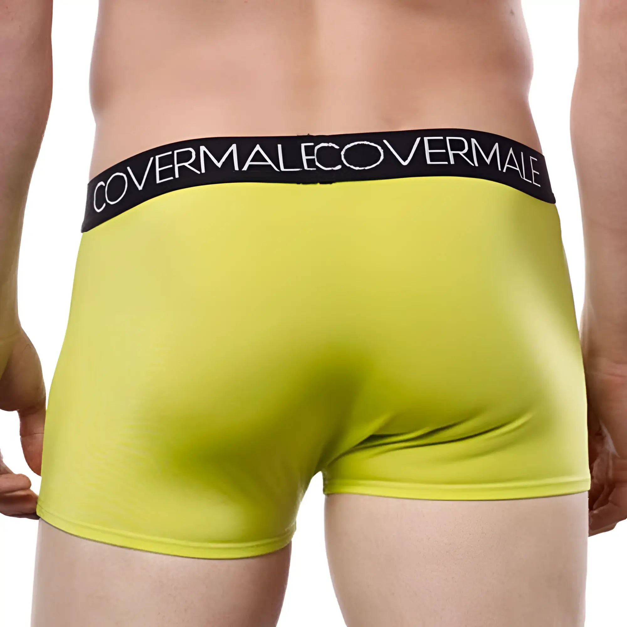 Bright yellow cover male cm104 boxer trunk briefs with black elastic waistband featuring white brand lettering