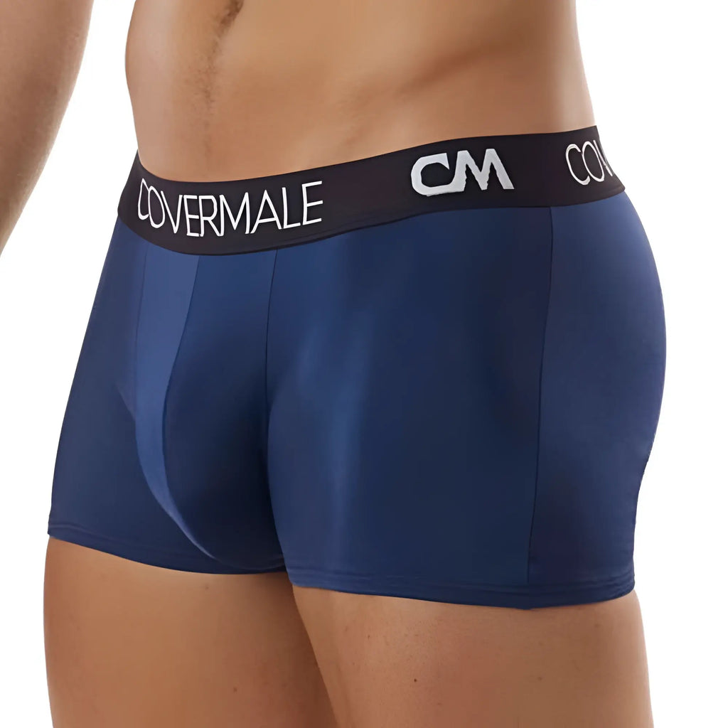 Navy blue cover male cm104 boxer trunk with black waistband and white covermale and cm branding for men
