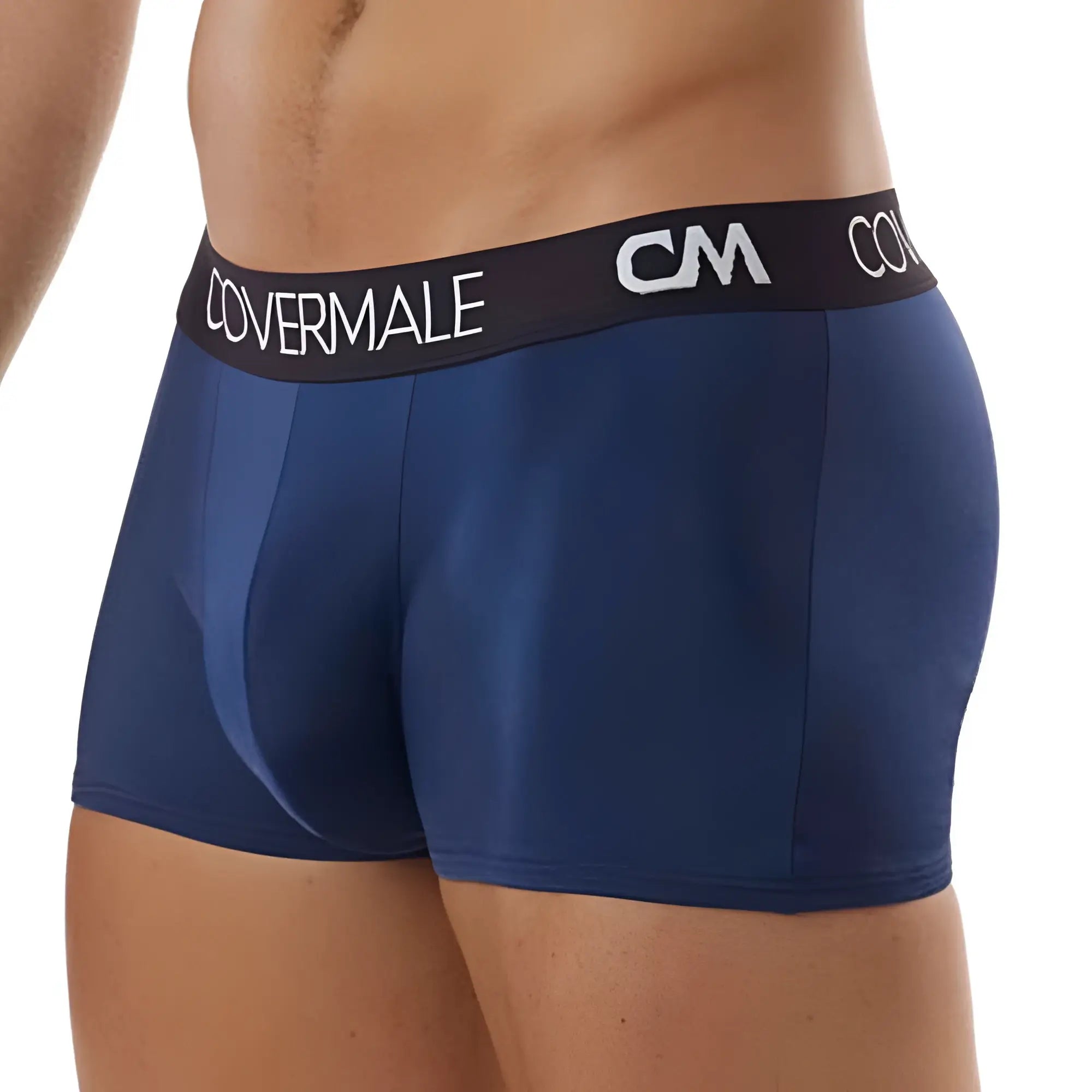 Navy blue cover male cm104 boxer trunk with black waistband and white covermale and cm branding for men